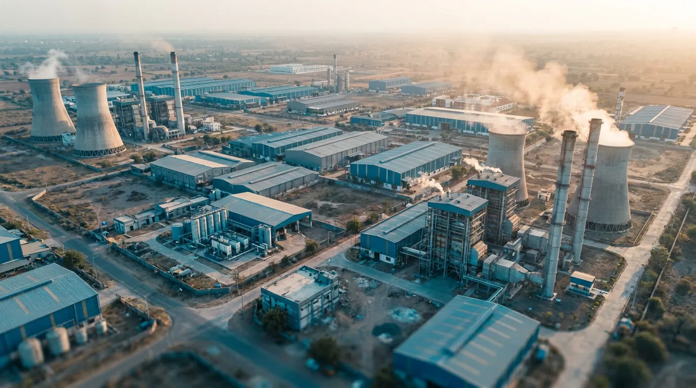 Aerial view of an industrial estate with cooling towers, boiler stacks and factory sheds