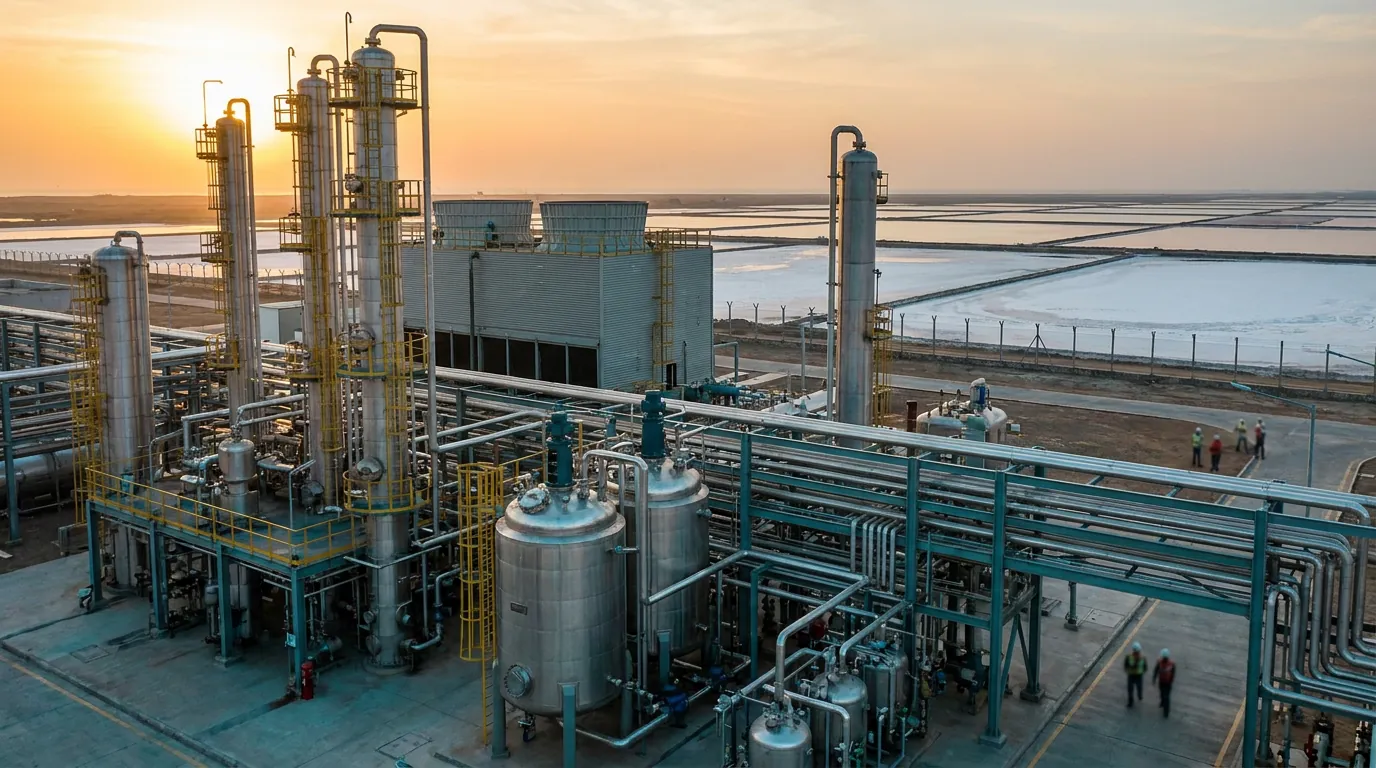 Chemical process plant with distillation columns and a cooling tower beside coastal salt pans
