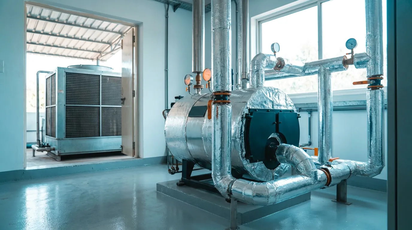 Food plant utility room with an insulated steam boiler and a condenser outside