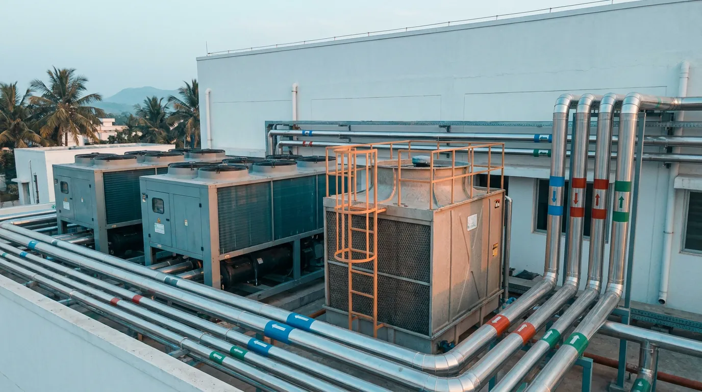 Rooftop HVAC chillers and a cooling tower at a pharmaceutical plant