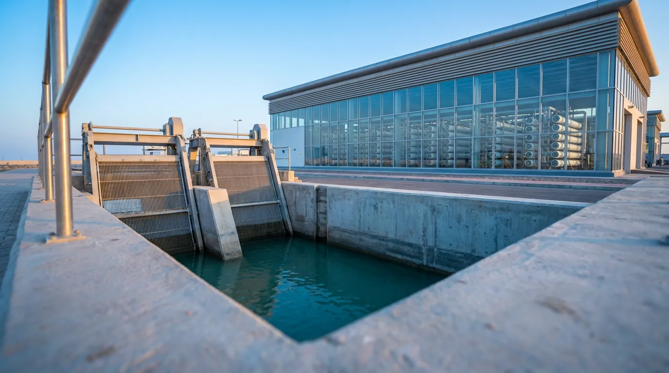 Seawater intake channel with screens beside a seawater RO desalination building