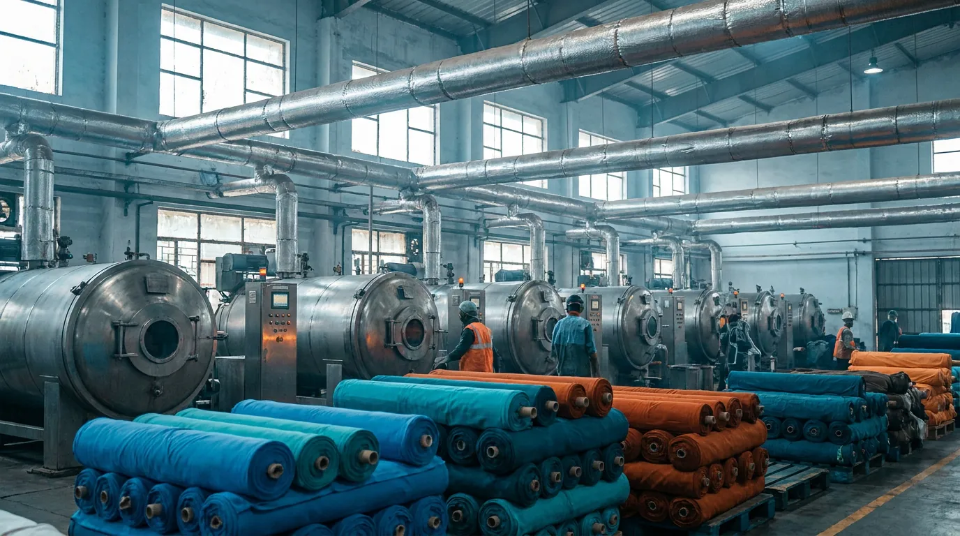 Textile dye house with jet dyeing machines and rolls of coloured fabric