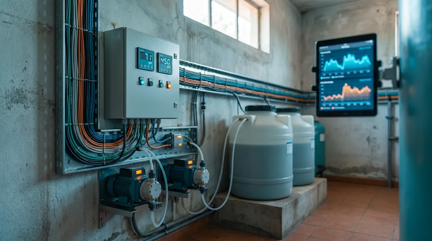 Dosing controller with pH and conductivity readouts, metering pumps and a trend dashboard on a tablet