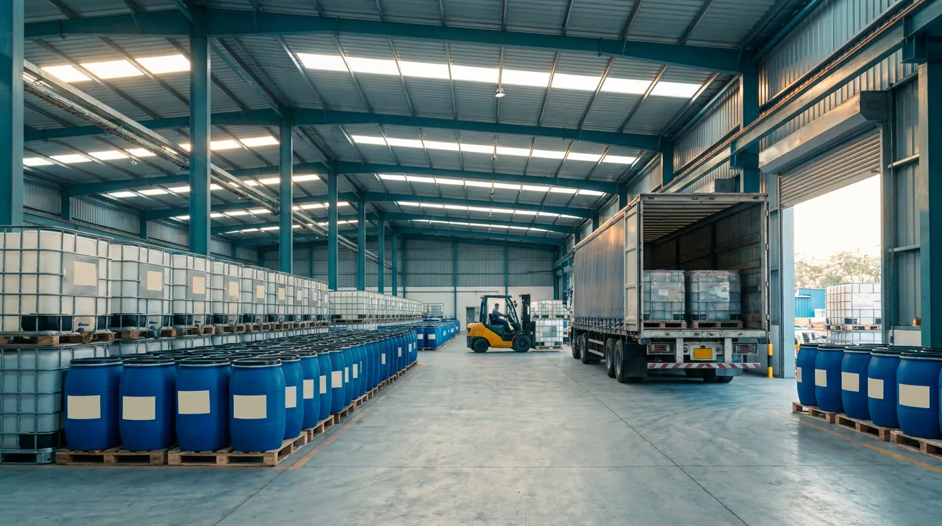 Chemical drums and IBC totes staged for dispatch in a warehouse