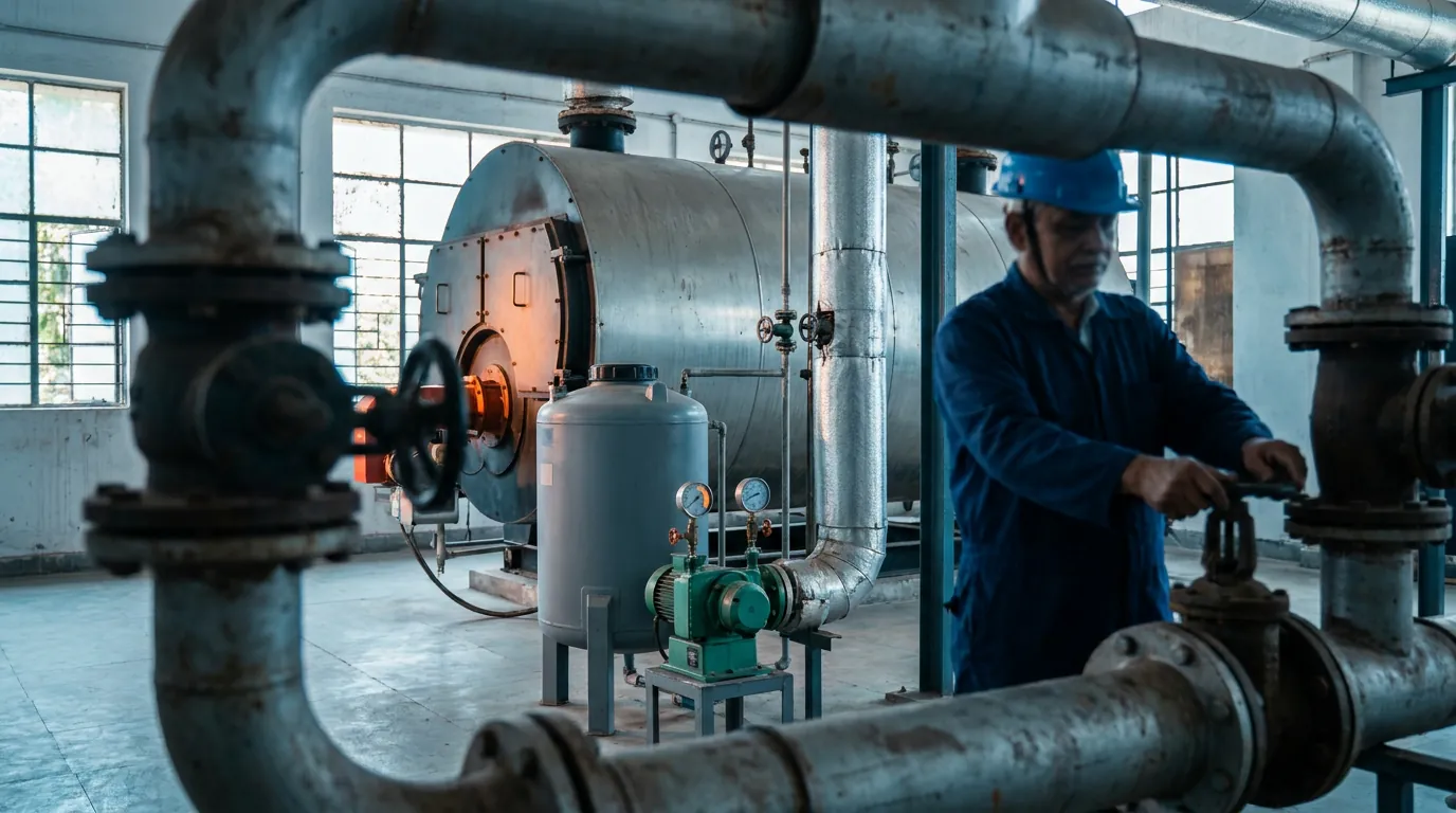 Boiler house with a chemical dosing tank and metering pump on the feed-water line