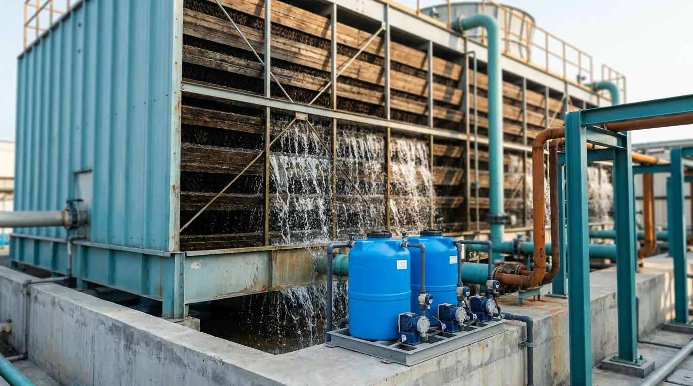 Cooling tower with a chemical dosing skid and metering pumps at the basin