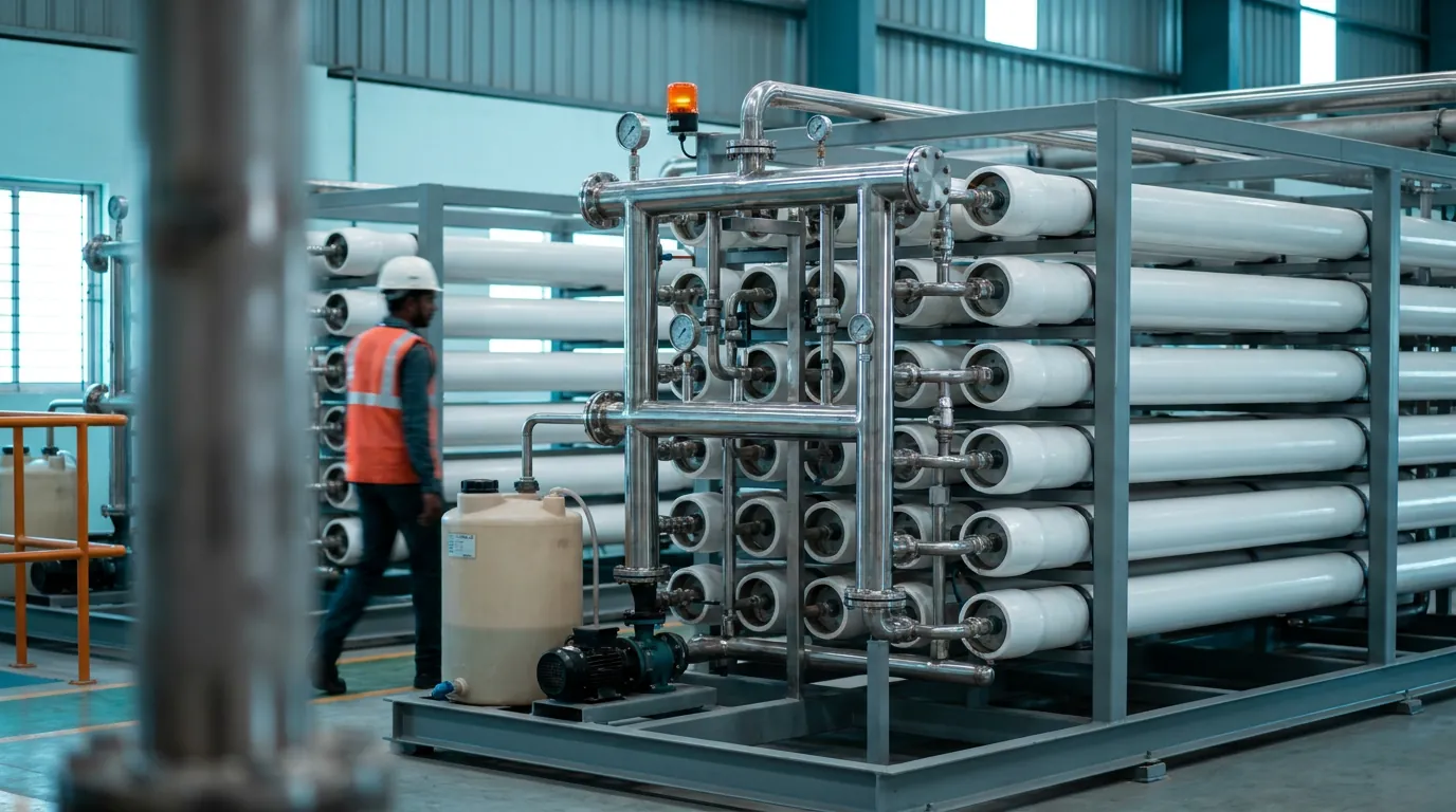 Reverse osmosis skid with membrane pressure vessels and an antiscalant dosing tank