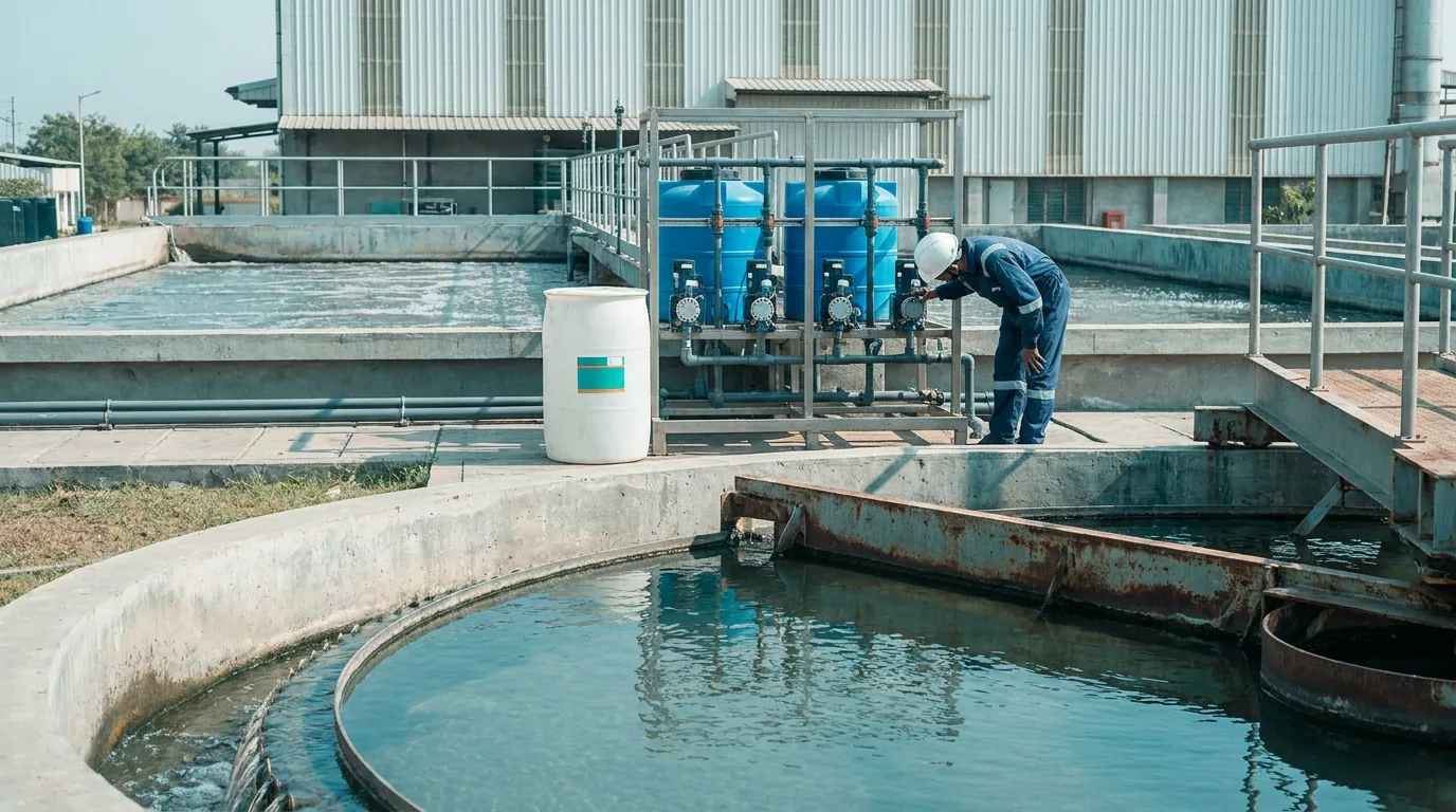 Effluent treatment plant with a clarifier, aeration tanks and a chemical dosing skid, a technician checking a dosing pump