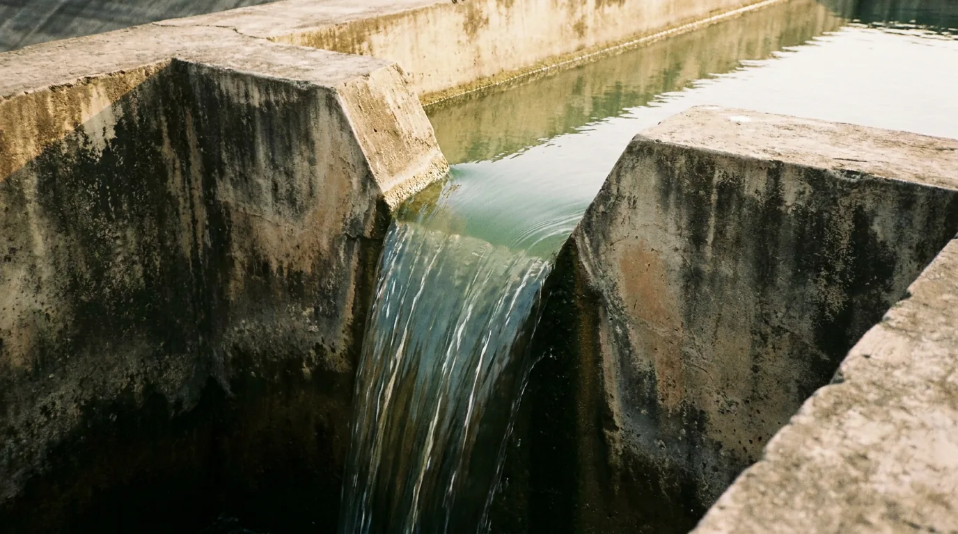 Clear treated effluent flowing over a clarifier outlet weir